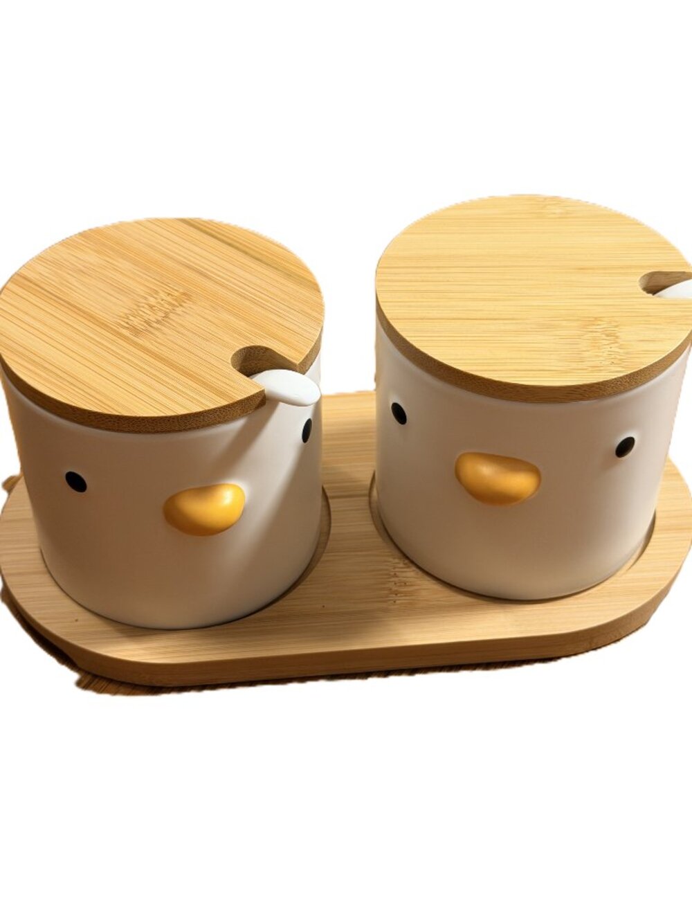 Ceramic Sugar Bowls with Wood Lids & Tray Spoons Duck Set of 2 New